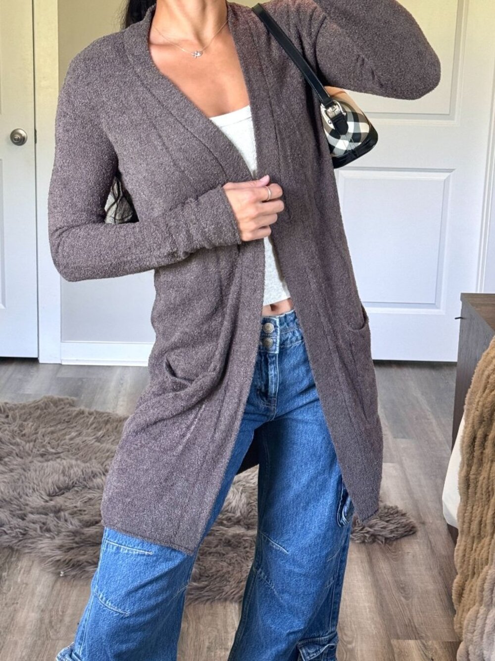 NWT Barefoot Dreams Cozychic Lite Open Cardigan Womens XS Brown Soft Minimalist